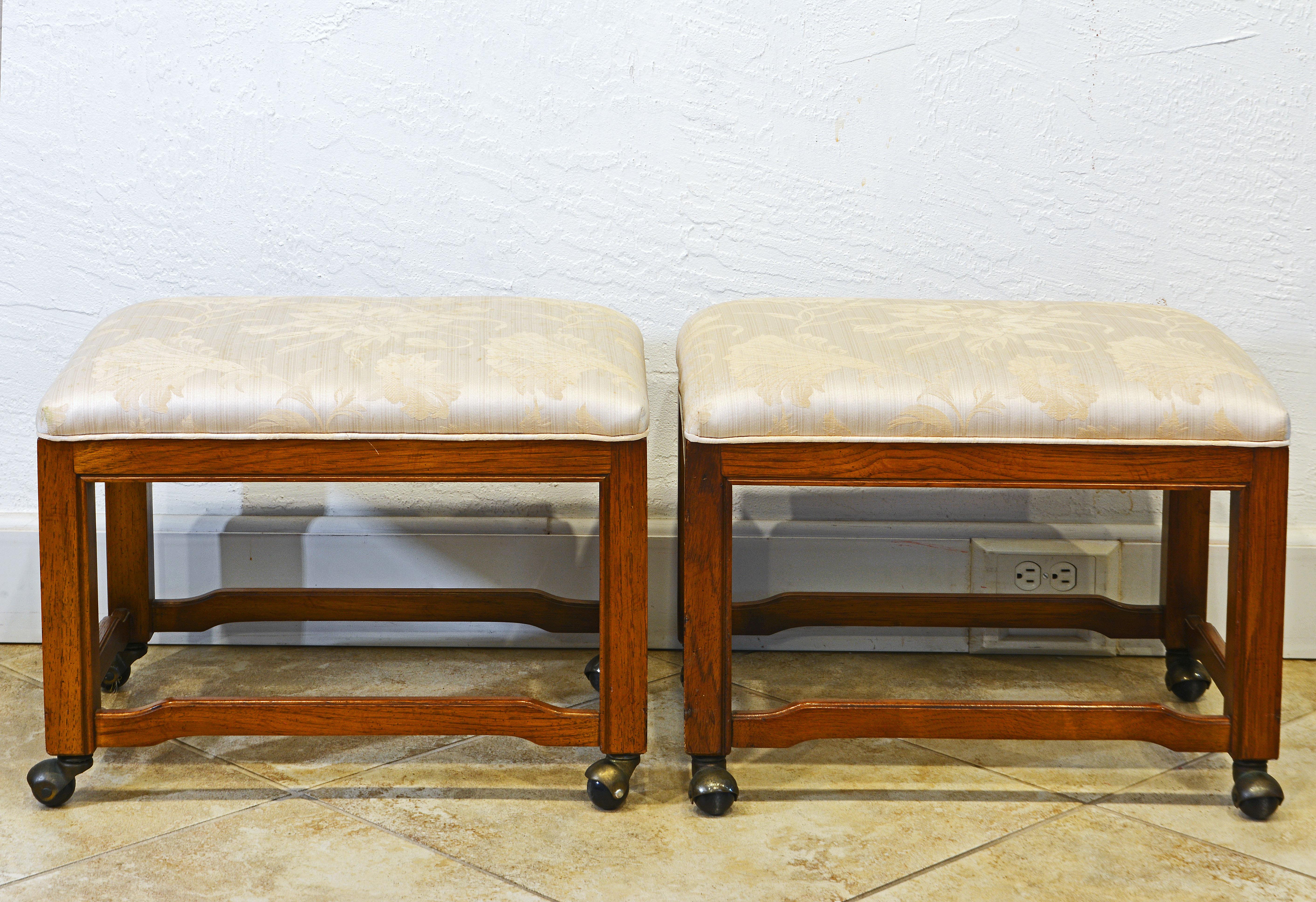 Metal Pair of Carved Drexel Heritage Mid-Century Modern Rolling Upholstered Benches