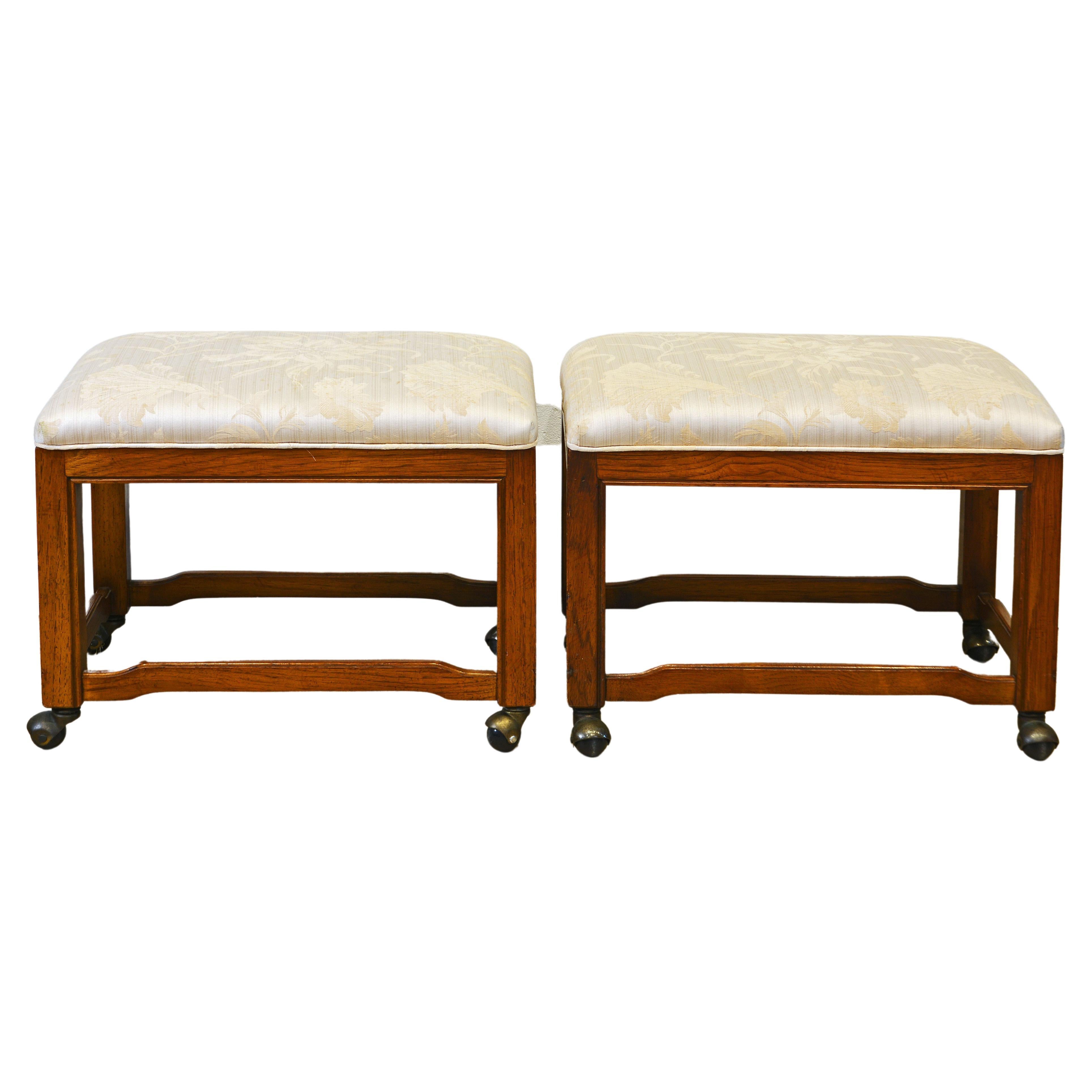 Pair of Carved Drexel Heritage Mid-Century Modern Rolling Upholstered Benches