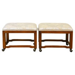 Pair of Carved Drexel Heritage Mid-Century Modern Rolling Upholstered Benches