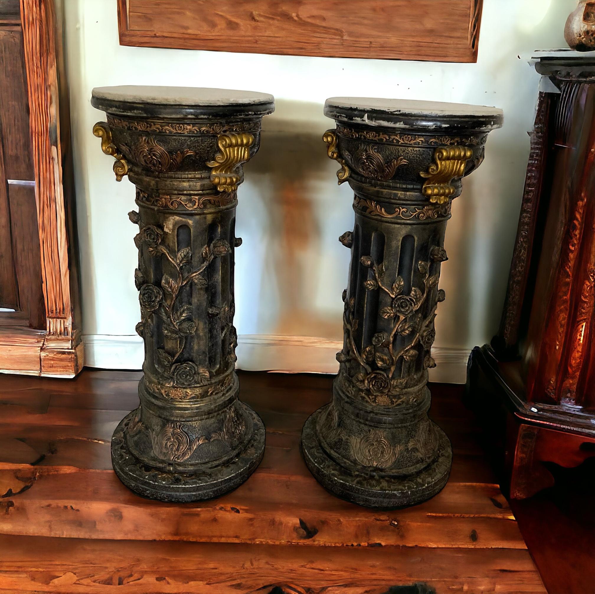 Pair of carved Ebonised Pedestals, Rose vine detail, Gilt deco, White marble For Sale 4