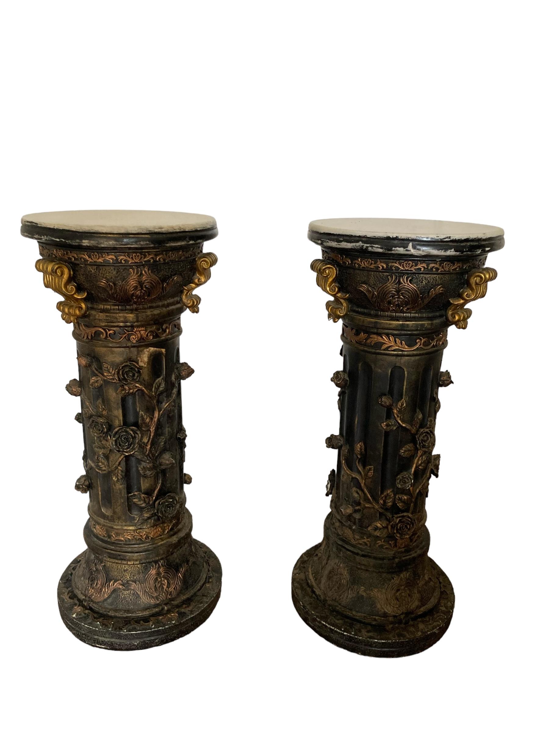 British Pair of carved Ebonised Pedestals, Rose vine detail, Gilt deco, White marble For Sale