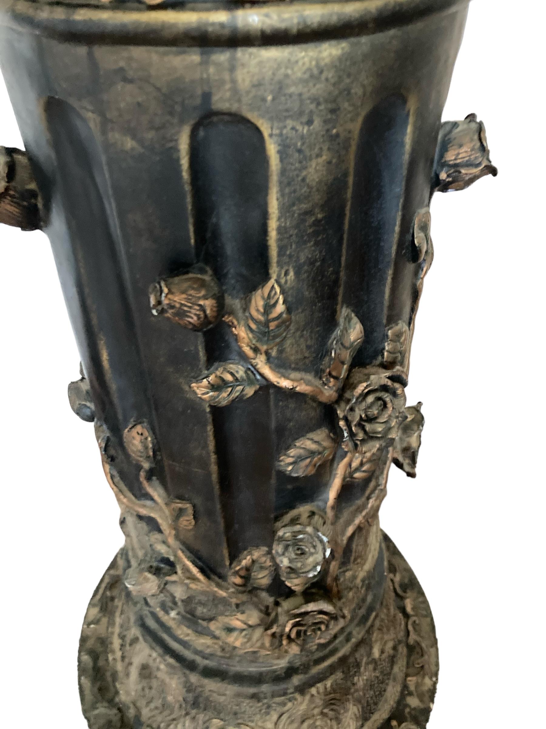 20th Century Pair of carved Ebonised Pedestals, Rose vine detail, Gilt deco, White marble For Sale
