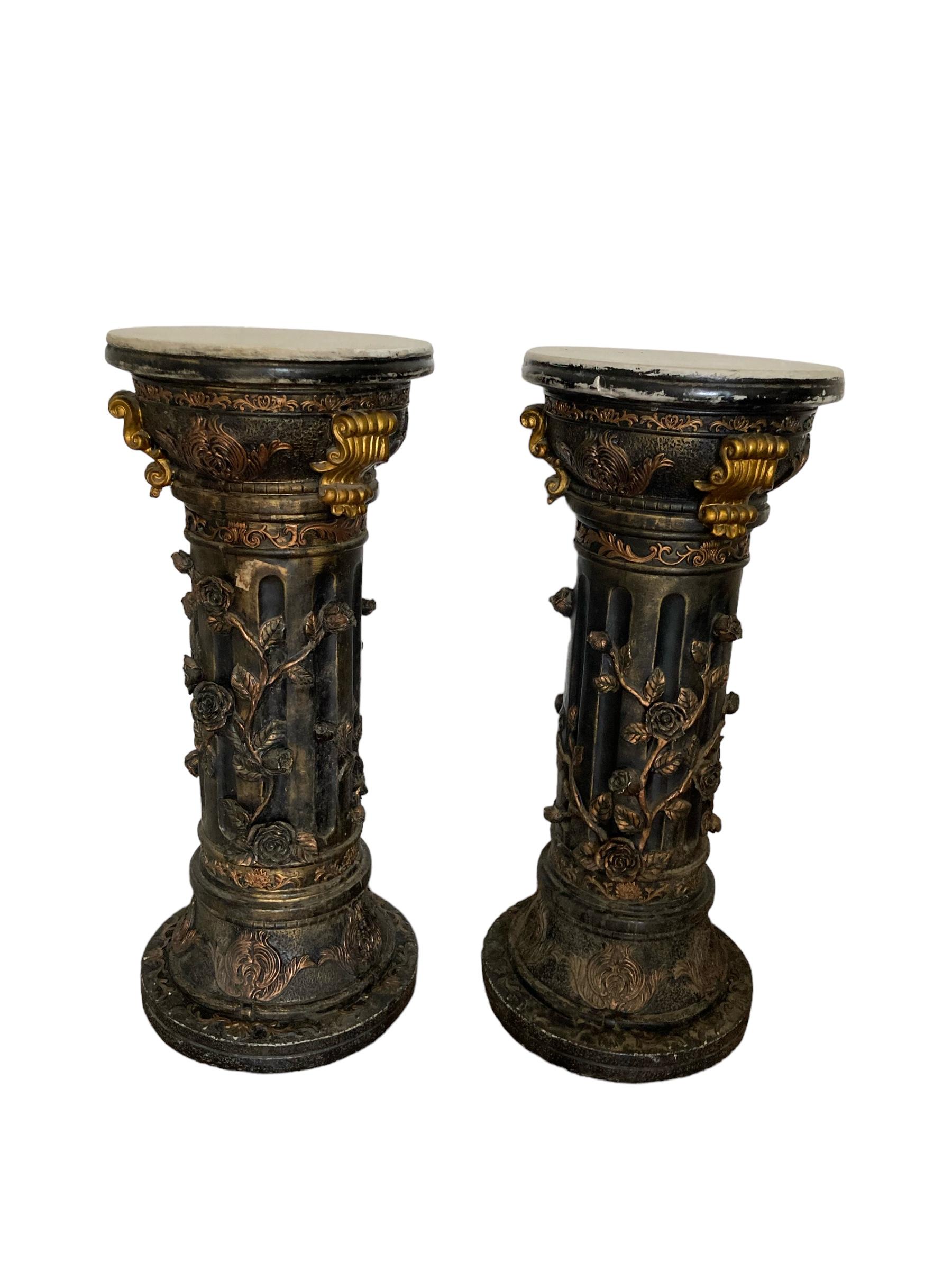 Pair of carved Ebonised Pedestals, Rose vine detail, Gilt deco, White marble For Sale 2