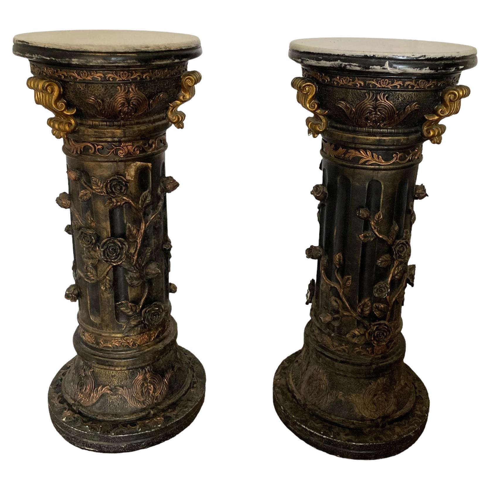 Pair of carved Ebonised Pedestals, Rose vine detail, Gilt deco, White marble For Sale