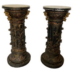 Vintage Pair of carved Ebonised Pedestals, Rose vine detail, Gilt deco, White marble