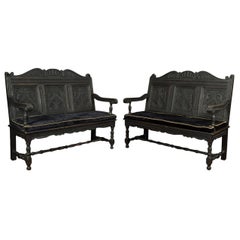 Pair of Carved Ebonized Hall Benches