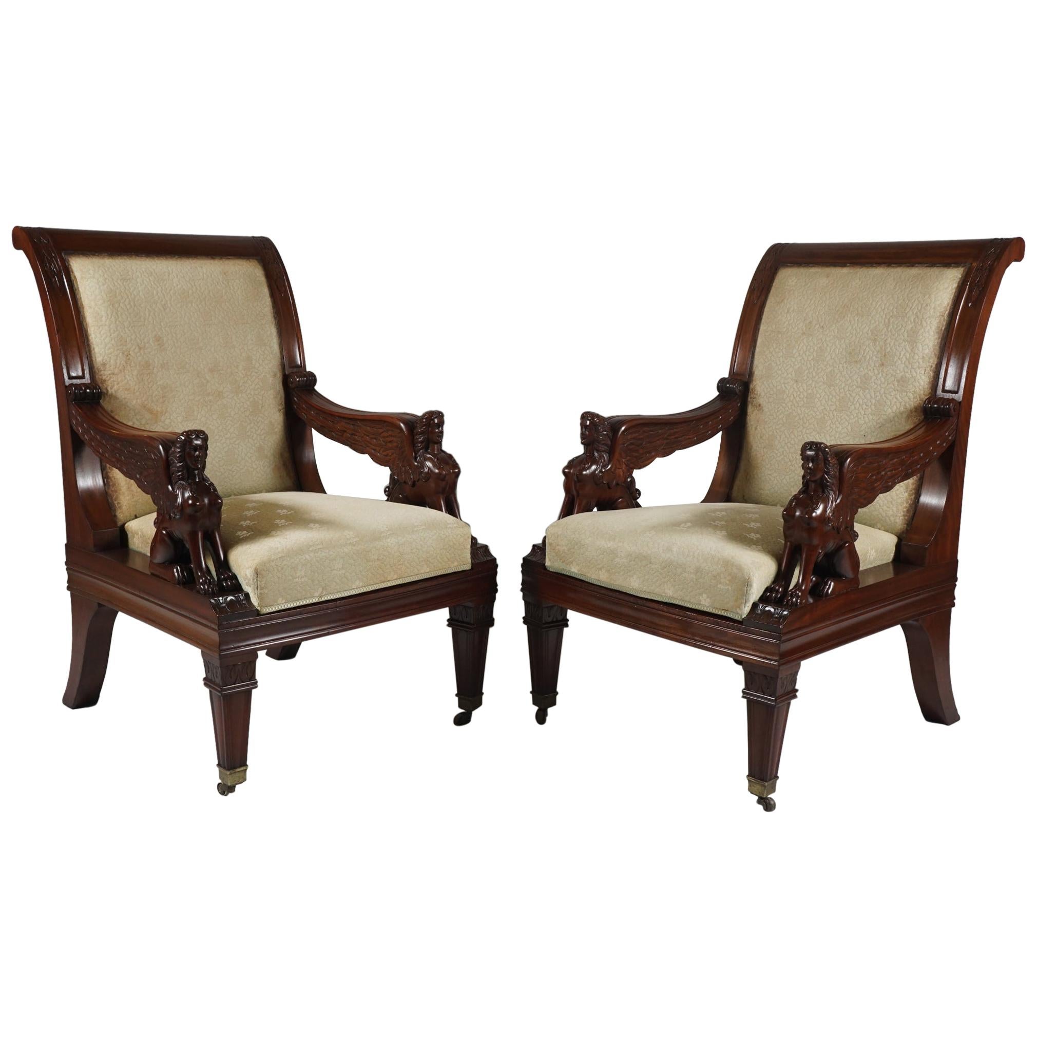Pair of Carved Egyptian Revival Armchairs