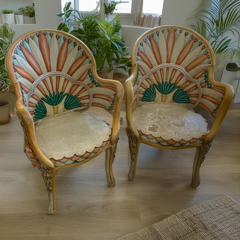 Pair of Carved Egyptian Revival Chairs by Bartolozzi e Maioli 4