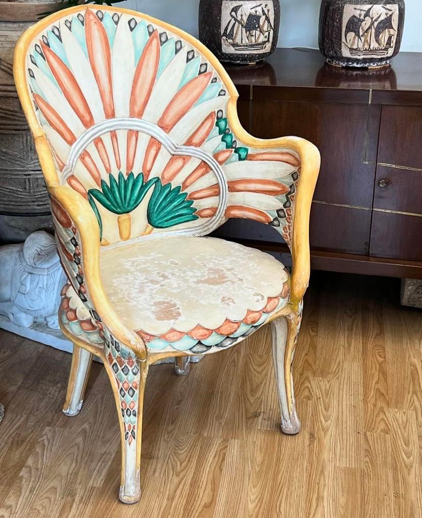 Art Deco Pair of Carved Egyptian Revival Chairs by Bartolozzi e Maioli