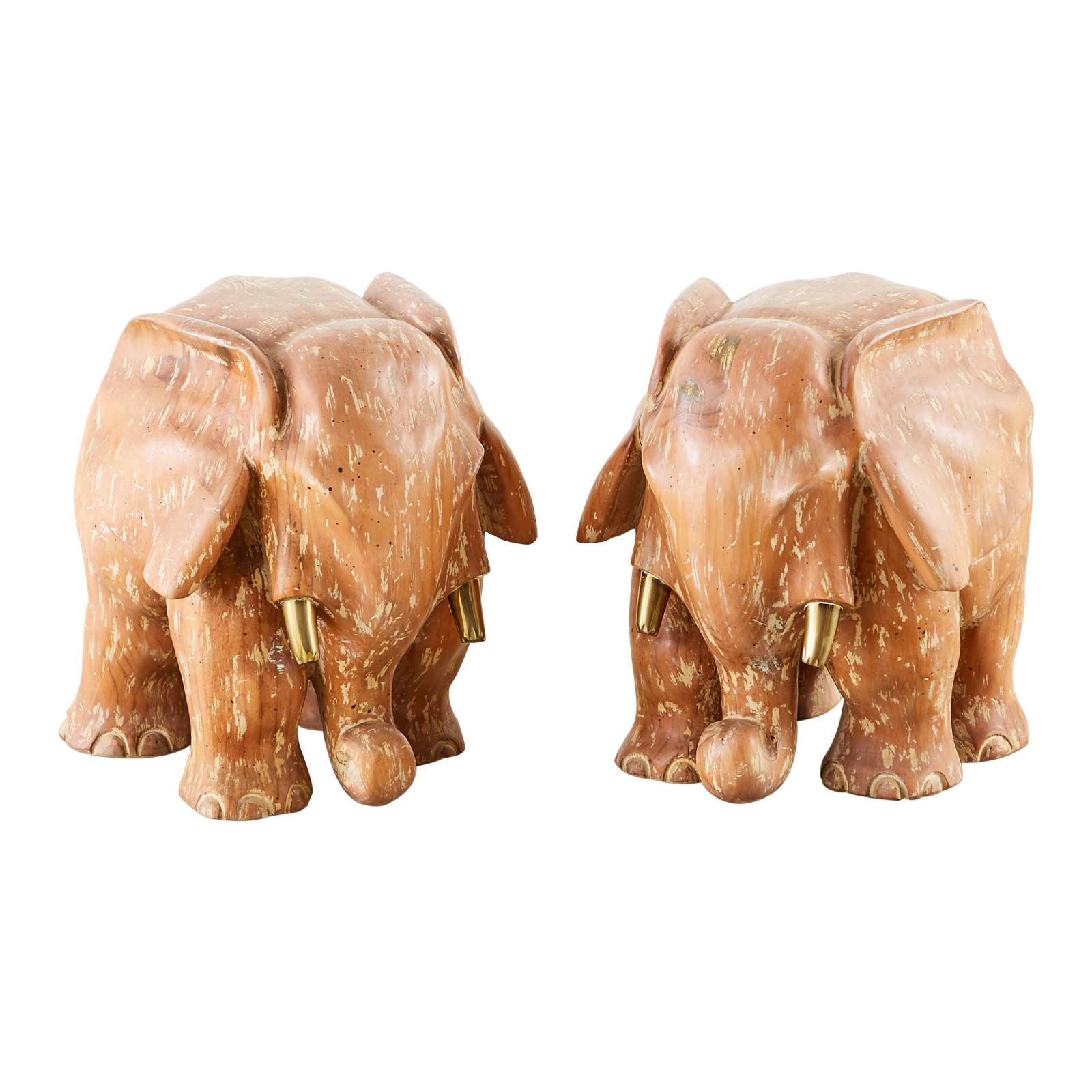 Pair of Carved Elephant Drink Table Sculptures