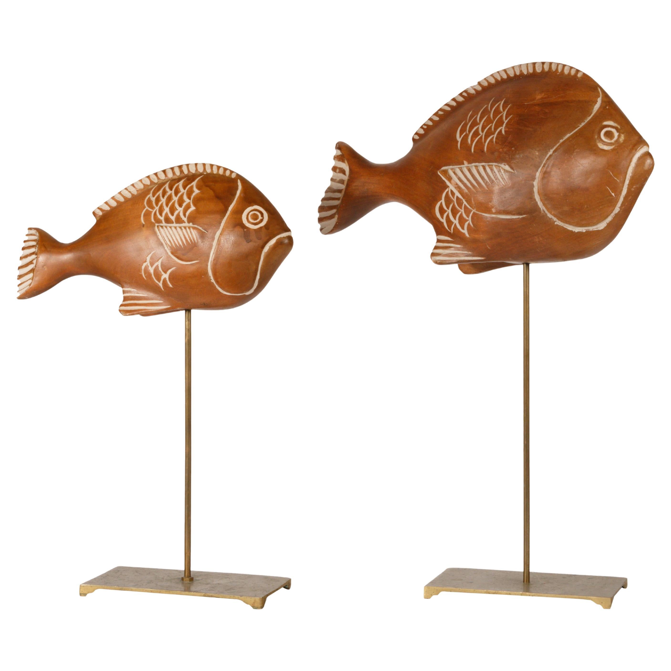 Pair of Carved Fish Decoys on Stands For Sale