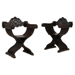 Pair Of Carved Folding Scissor Savonarola Chairs, France, 19th Century