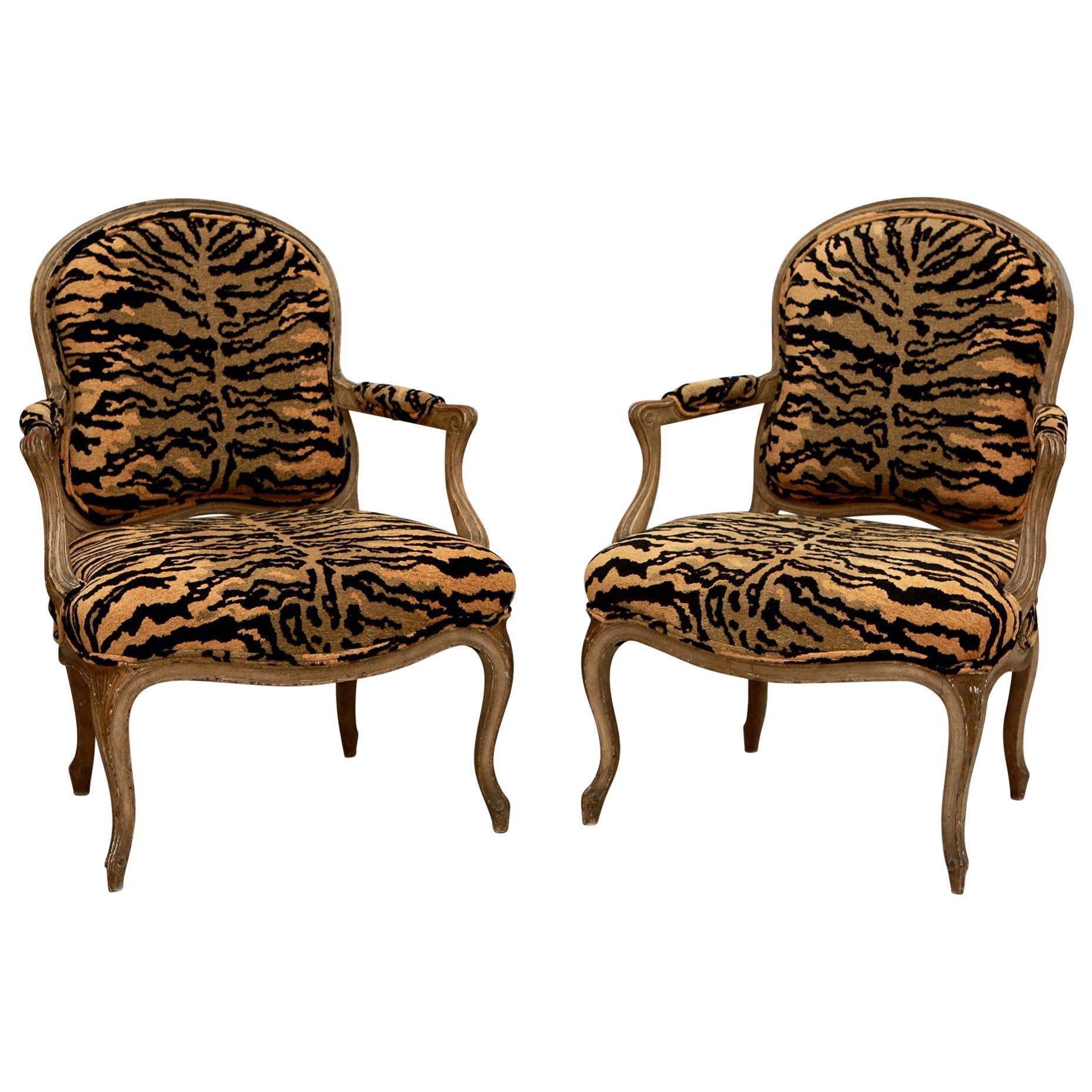 Pair of Carved French Armchairs with Animal Print Upholstery
