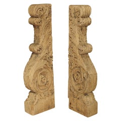 Pair of Carved French Bleached Oak Stairway Newel Posts, Circa 1880