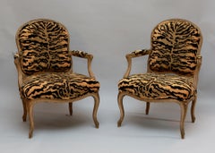 Pair of Carved French Armchairs with Animal Print Upholstery