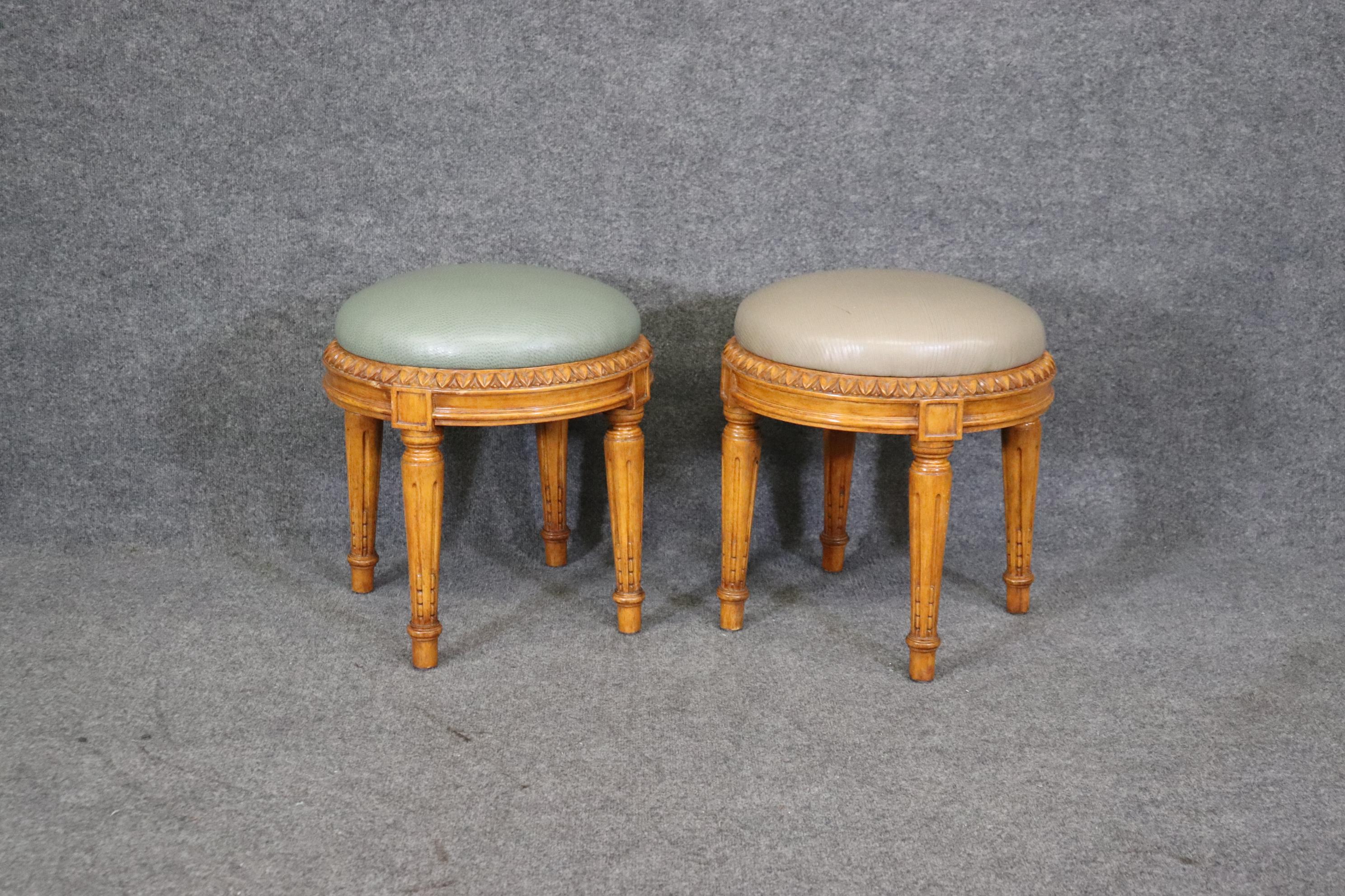 European Pair of Carved French Louis XVI Stools Walnut With Leather Seats