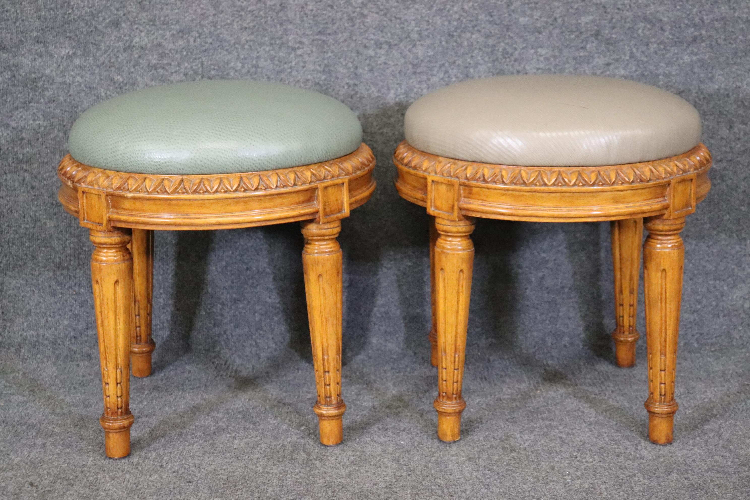 Pair of Carved French Louis XVI Stools Walnut With Leather Seats In Good Condition In Swedesboro, NJ