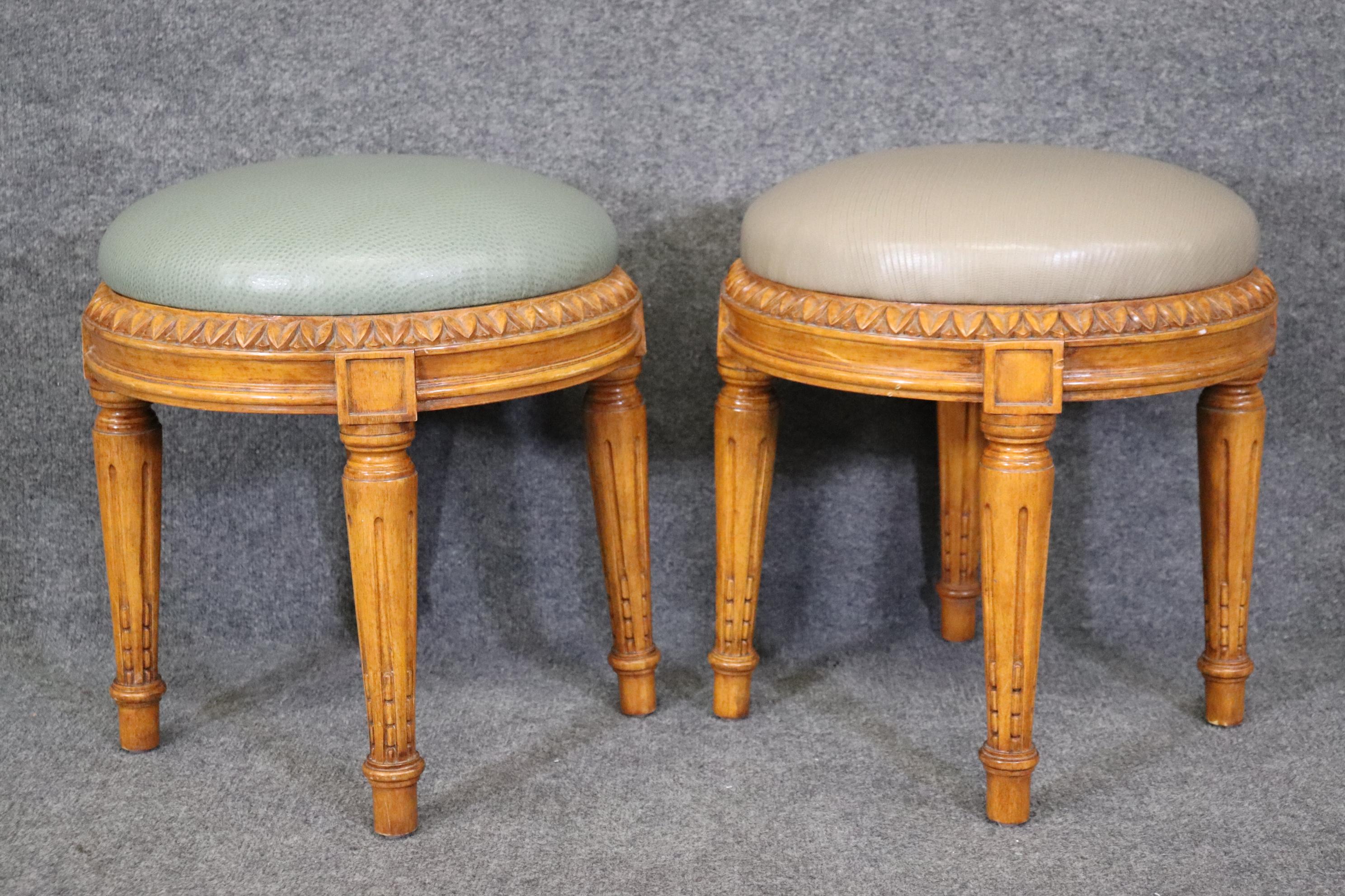 Late 20th Century Pair of Carved French Louis XVI Stools Walnut With Leather Seats
