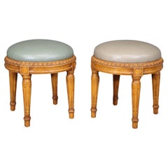 Pair of Carved French Louis XVI Stools Walnut With Leather Seats