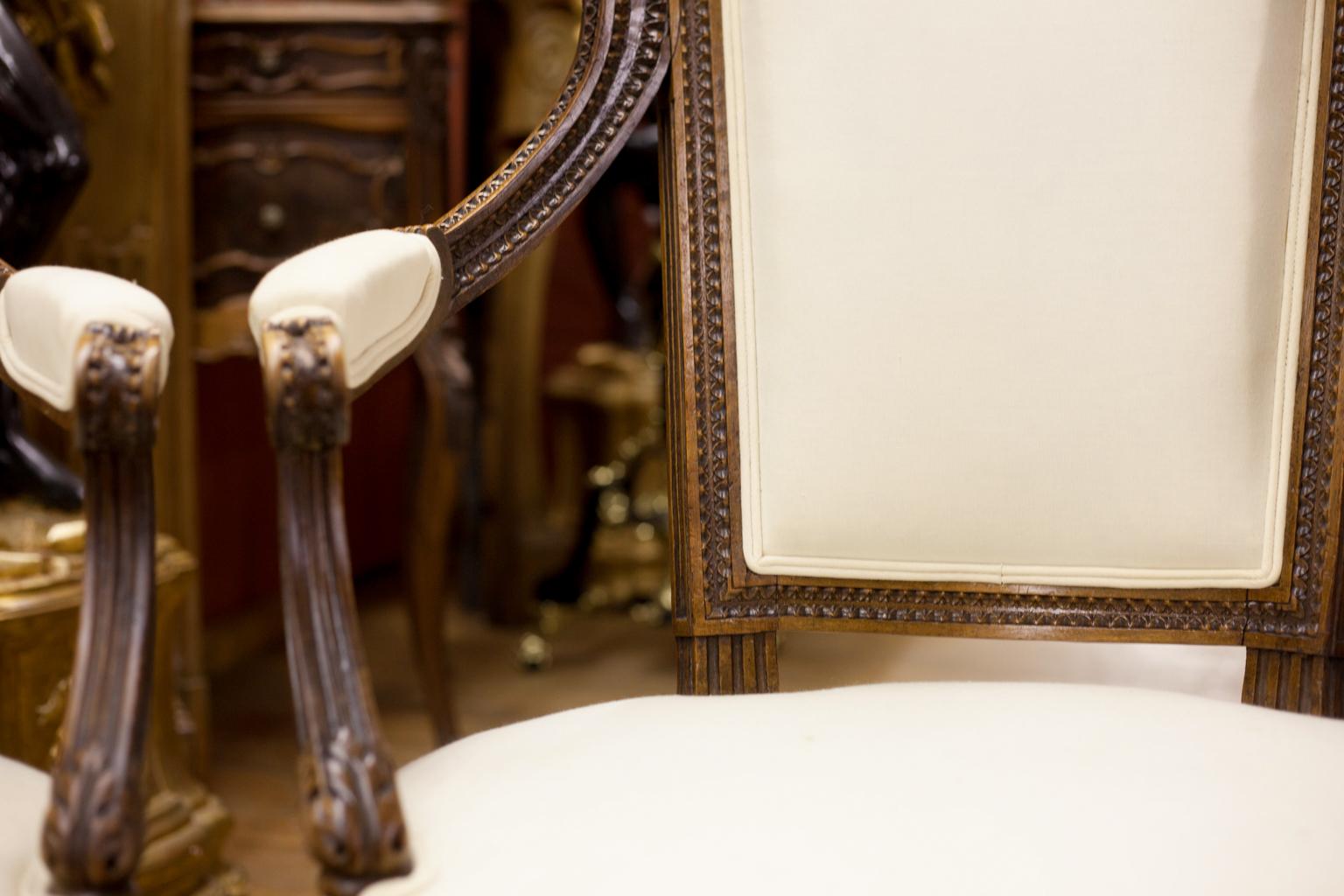 Pair of Carved French Walnut Upholstered Armchairs In Good Condition In Wilson, NC