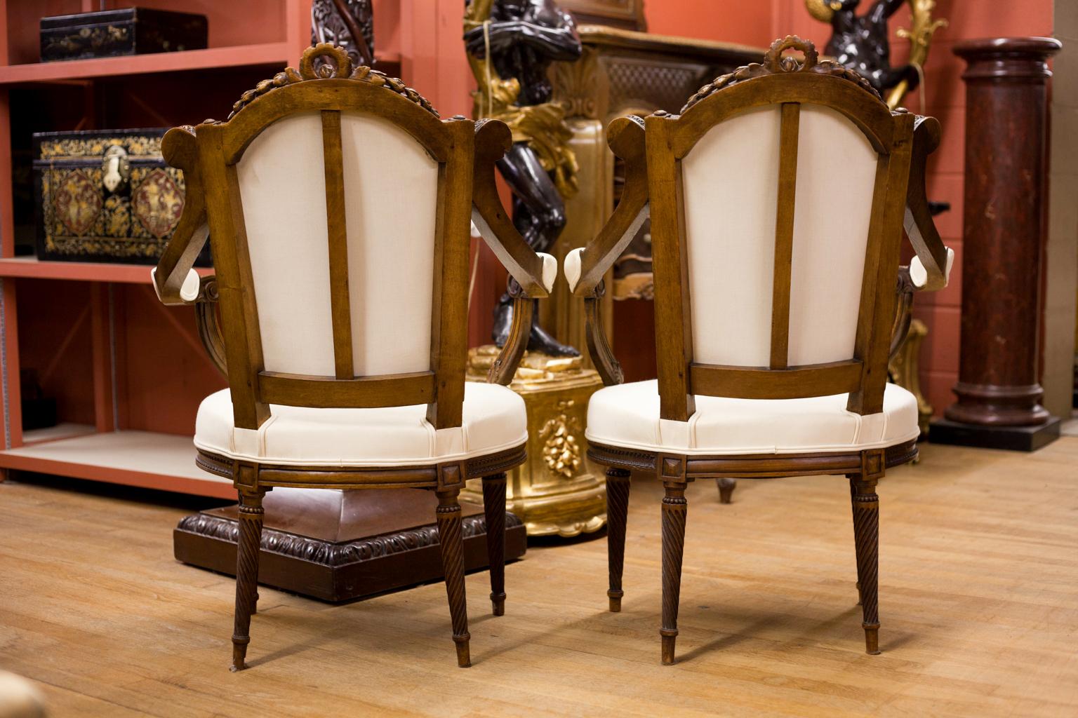 Upholstery Pair of Carved French Walnut Upholstered Armchairs