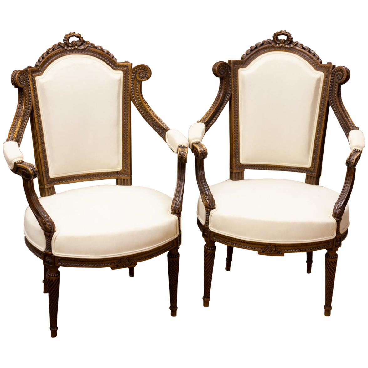Pair of Carved French Walnut Upholstered Armchairs
