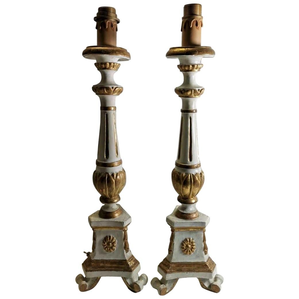 Italian Eighteen Century Pair of Carved Gilded and Painted Wood Candelabras