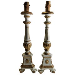 Italian Eighteen Century Pair of Carved Gilded and Painted Wood Candelabras