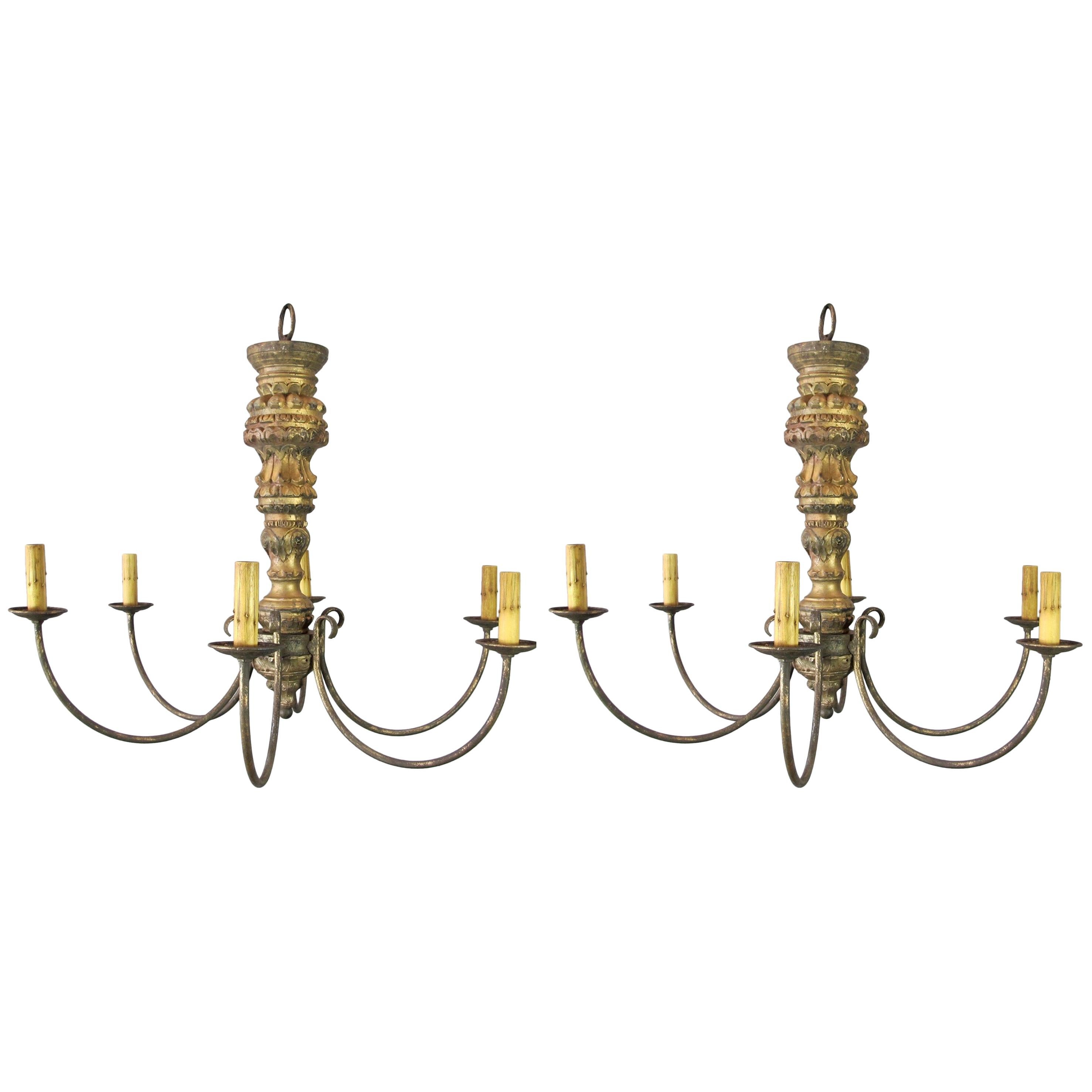 Pair of Carved Gilt Antique Candlestick Chandeliers