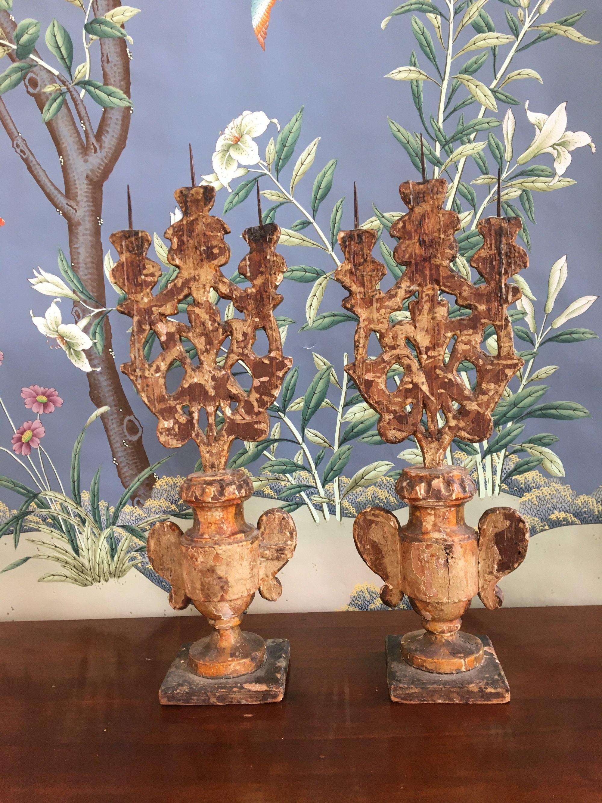Pair of Carved Gilt Pricket Candelabra, 18th Century In Good Condition In Doylestown, PA
