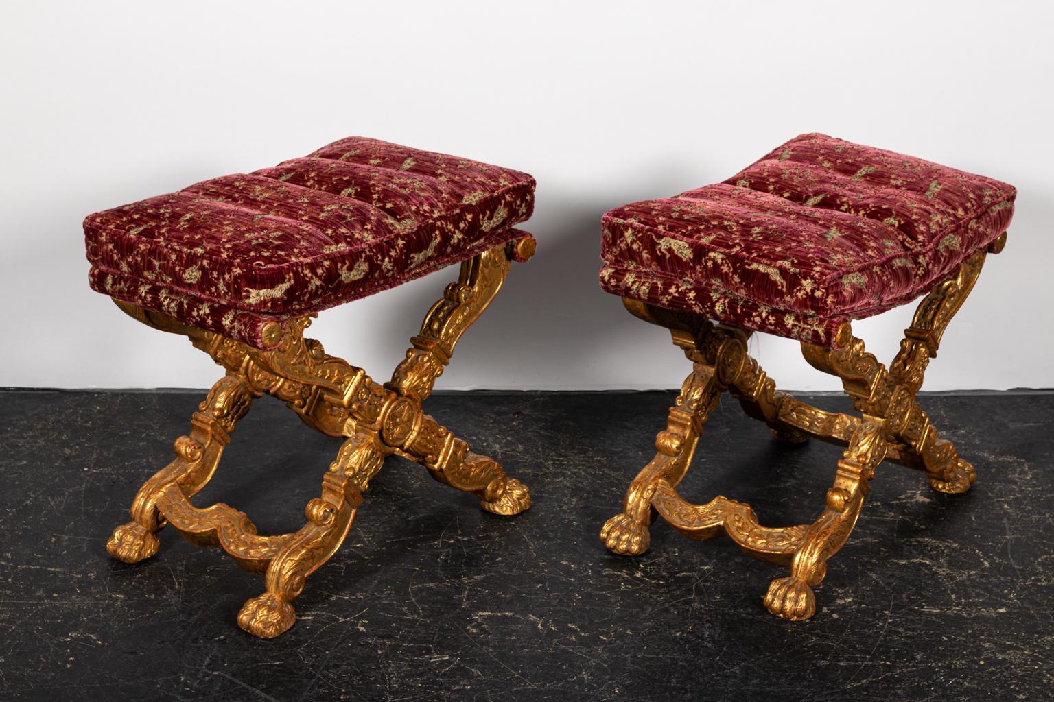 20th Century Pair of Carved Gilt X-Base Rose Velvet Stools