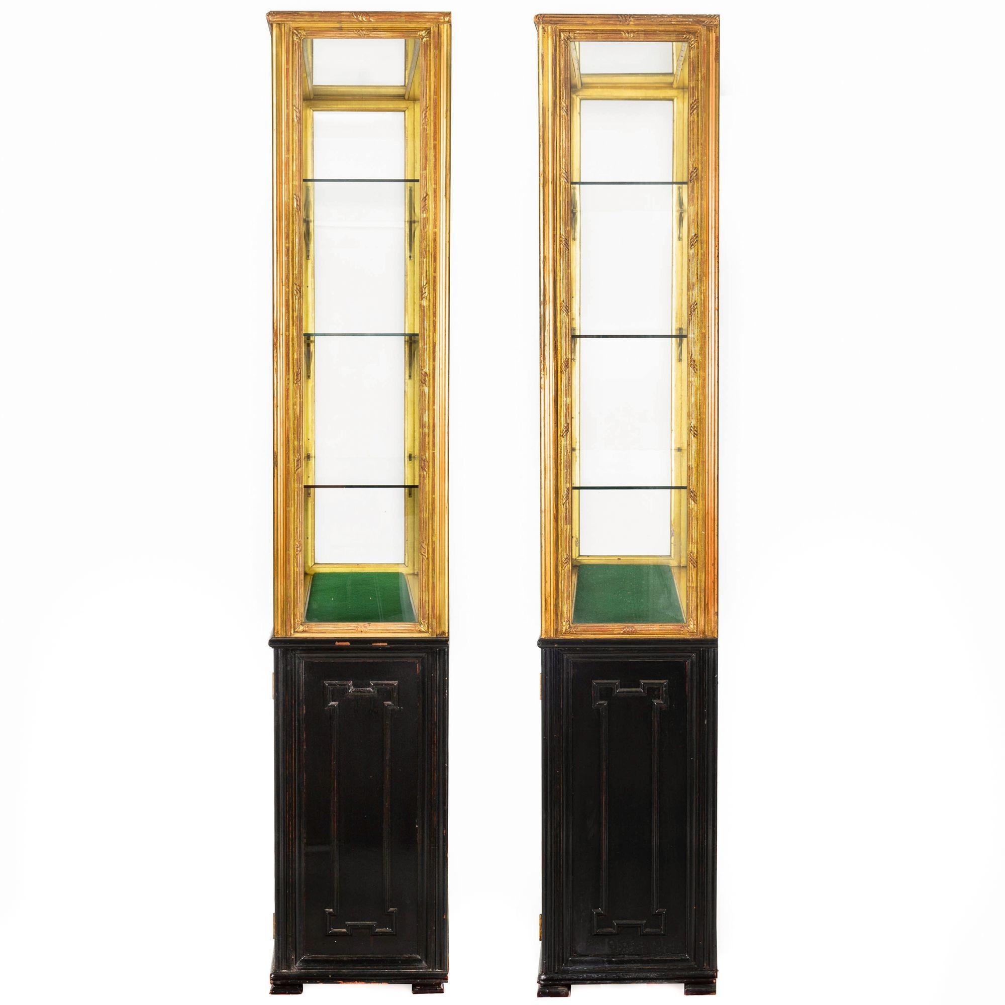 American Pair of Carved Giltwood Antique Collector Display Cabinets by M. Grieve Co. For Sale