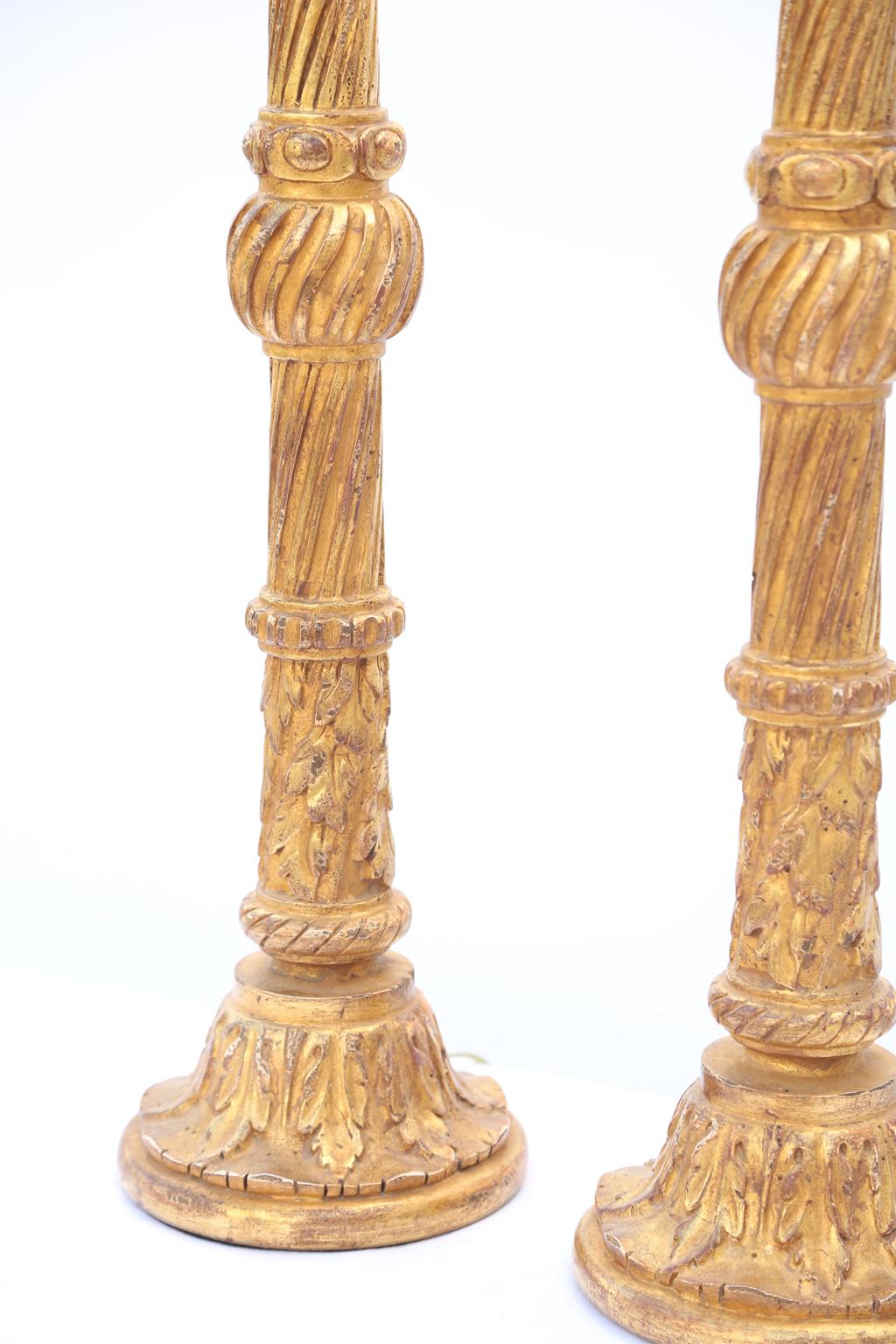 Italian Pair of Carved Giltwood Columnar Lamps