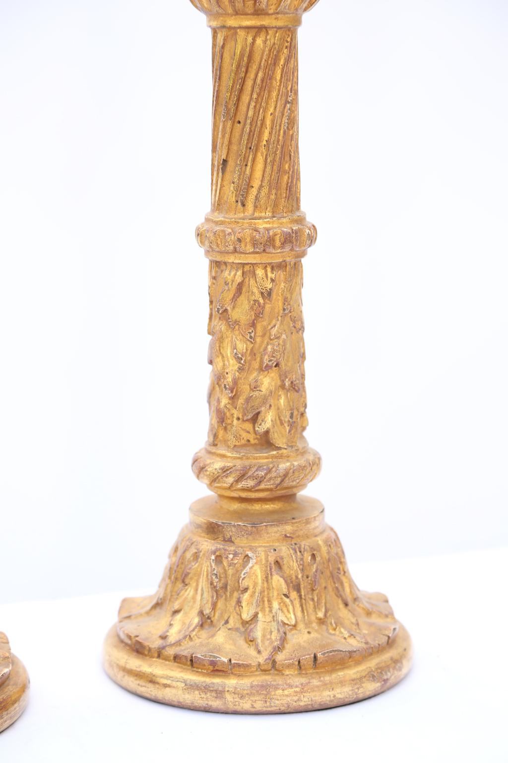 Hand-Carved Pair of Carved Giltwood Columnar Lamps