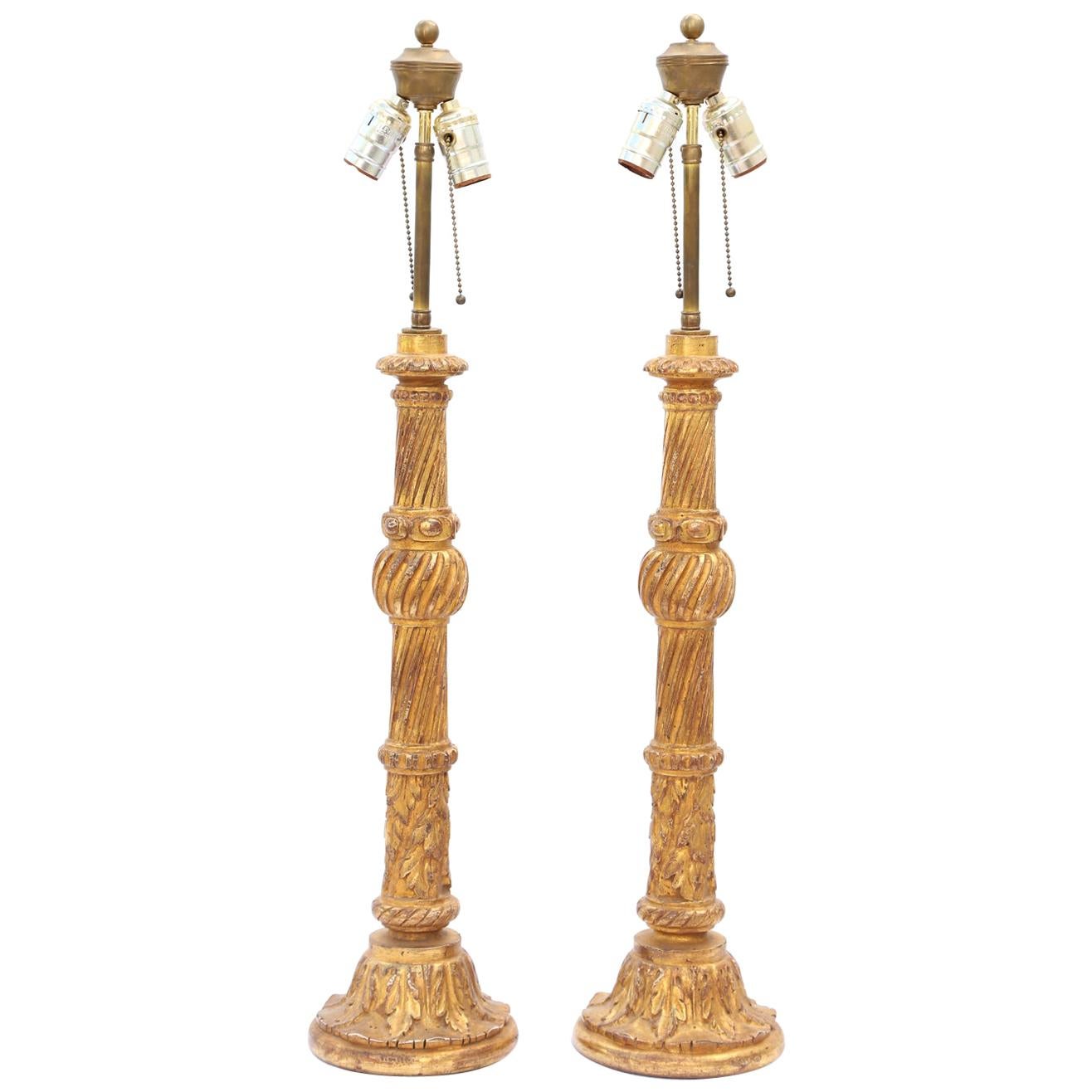 Pair of Carved Giltwood Columnar Lamps