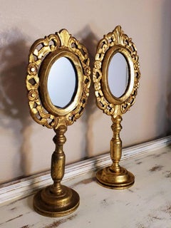 Pair of Carved Giltwood Mexican Folk Art Vanity Mirrors