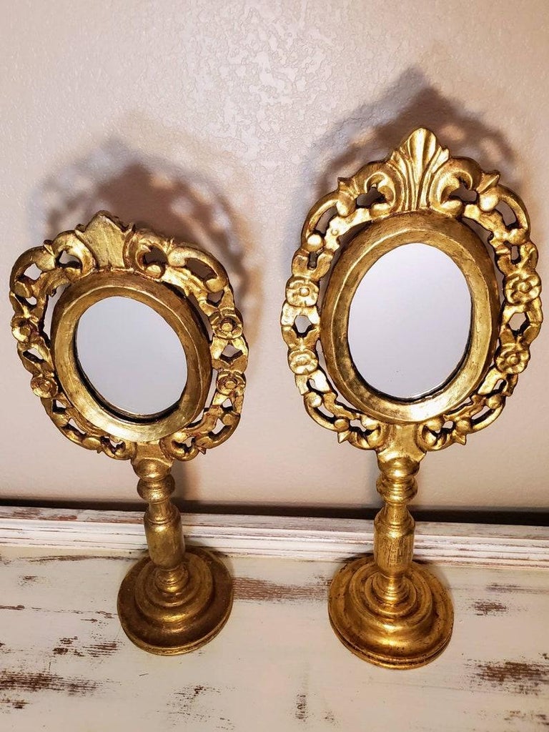 Pair of Carved Giltwood Mexican Folk Art Vanity Mirrors For Sale at 1stDibs