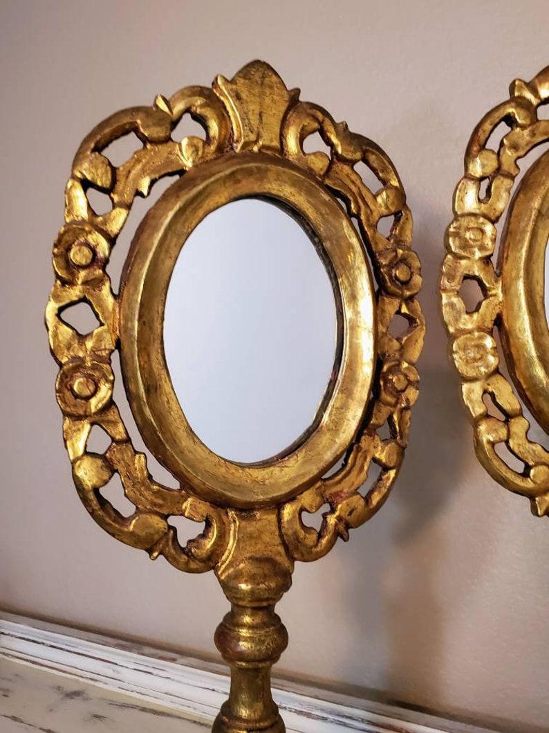 Pair of Carved Giltwood Mexican Folk Art Vanity Mirrors For Sale 1
