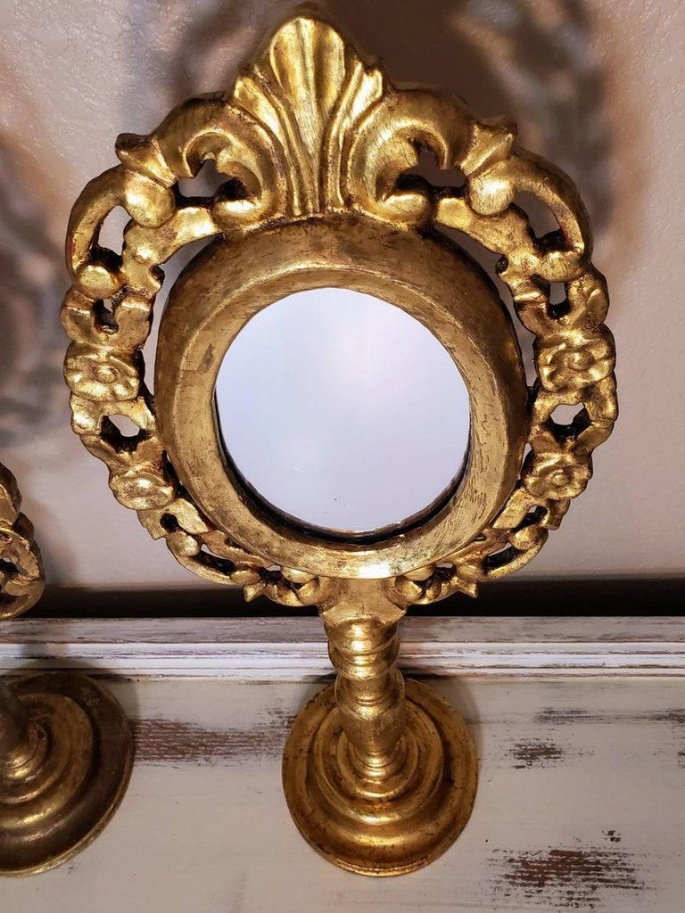 Pair of Carved Giltwood Mexican Folk Art Vanity Mirrors For Sale at 1stDibs