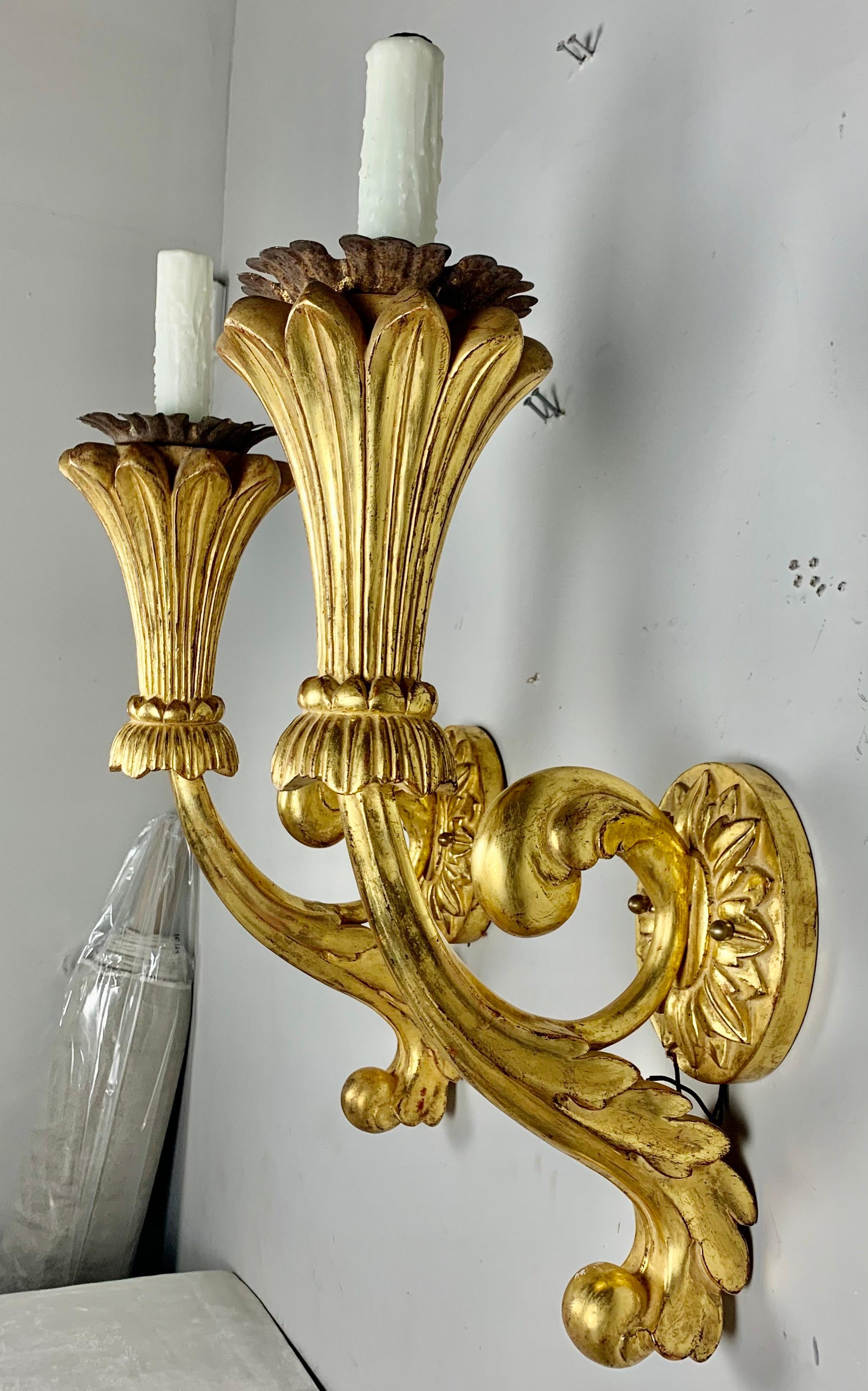 Baroque Pair of Carved Giltwood Sconces