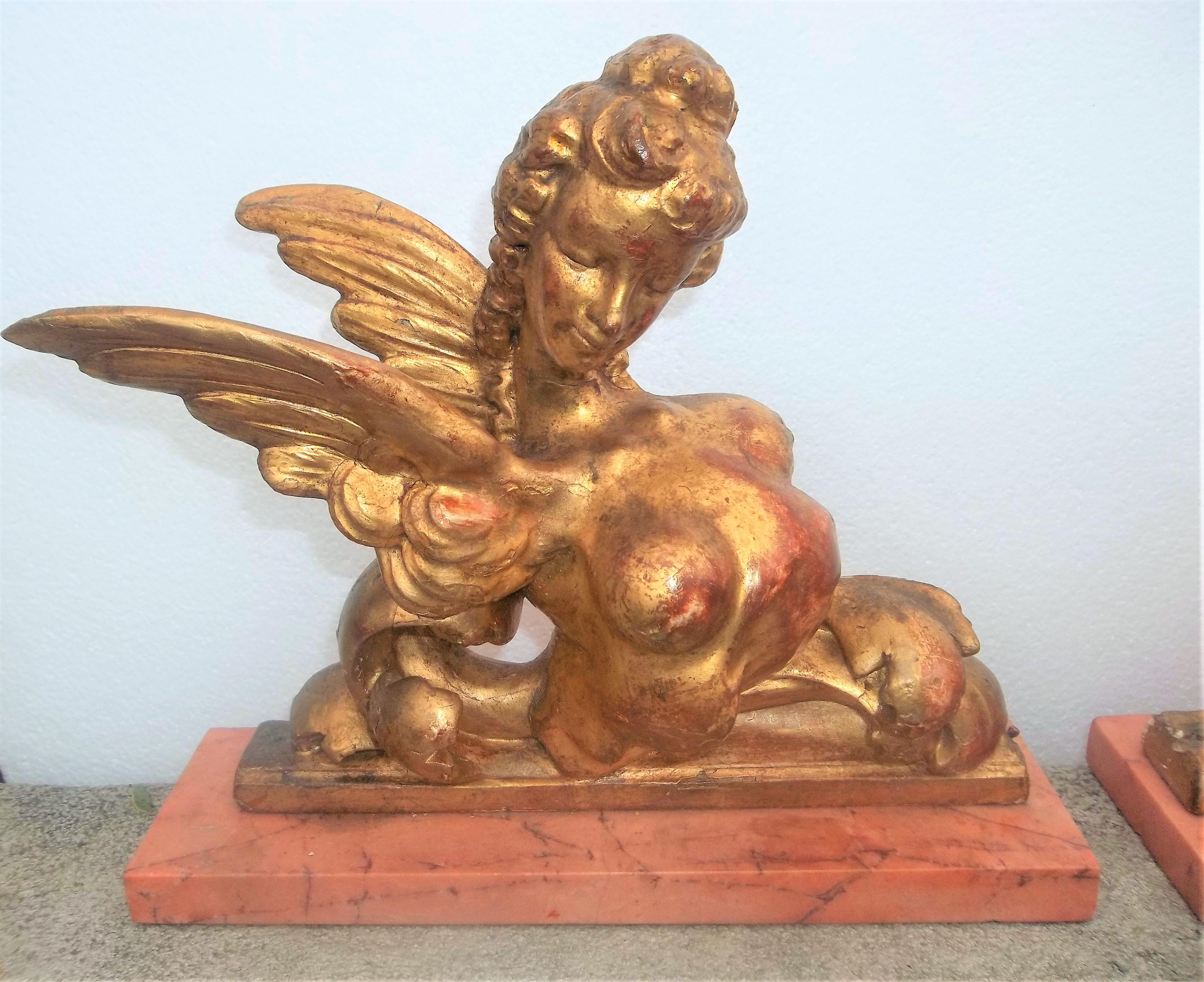 Wood Pair of Carved Giltwood Sphinx Form in Neoclassical Caricature