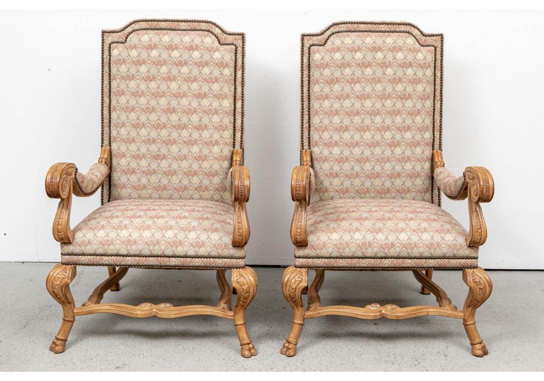 Fabric Pair of Carved Hall Chairs with Nail Head Decoration For Sale