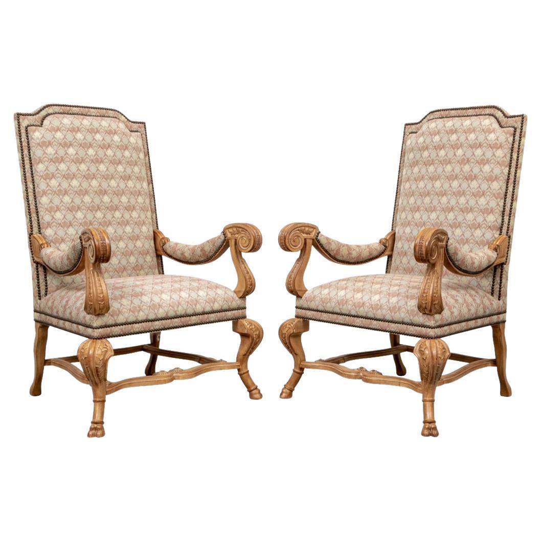 Pair of Carved Hall Chairs with Nail Head Decoration For Sale