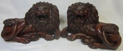 Pair of Carved Hard Wood African Lions