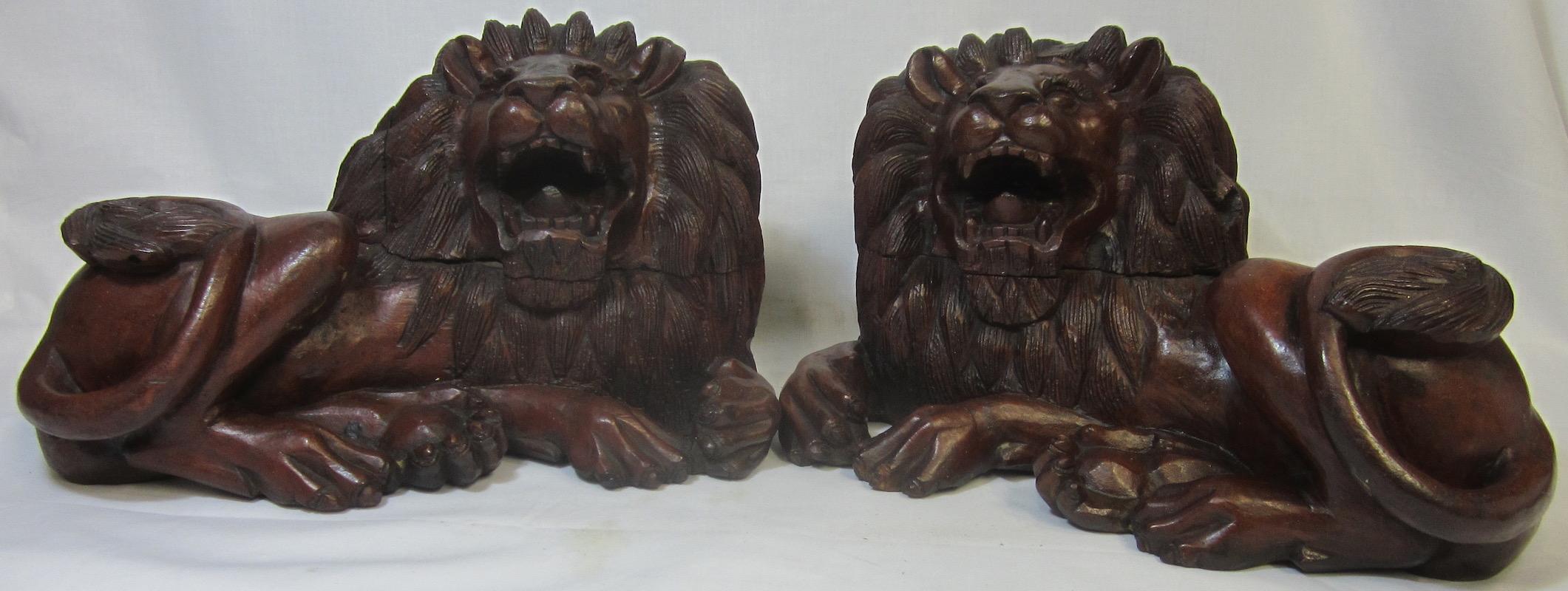 Country Pair of Carved Hard Wood African Lions For Sale