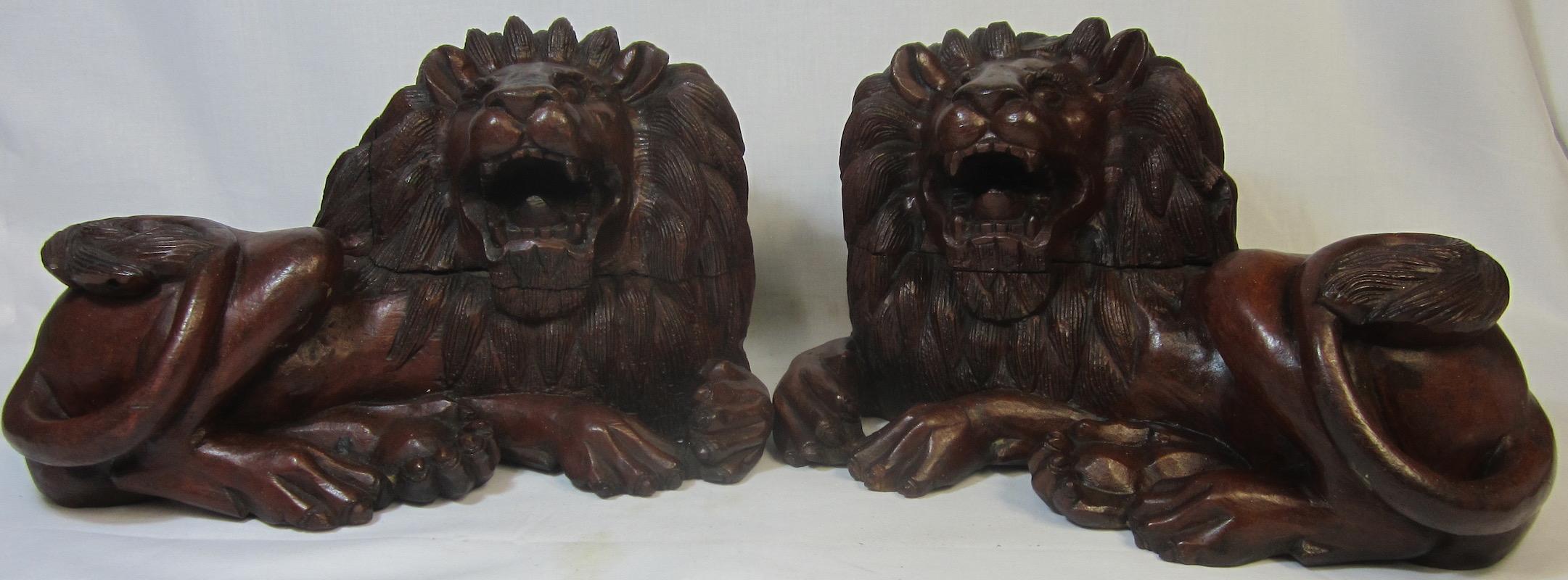South African Pair of Carved Hard Wood African Lions For Sale