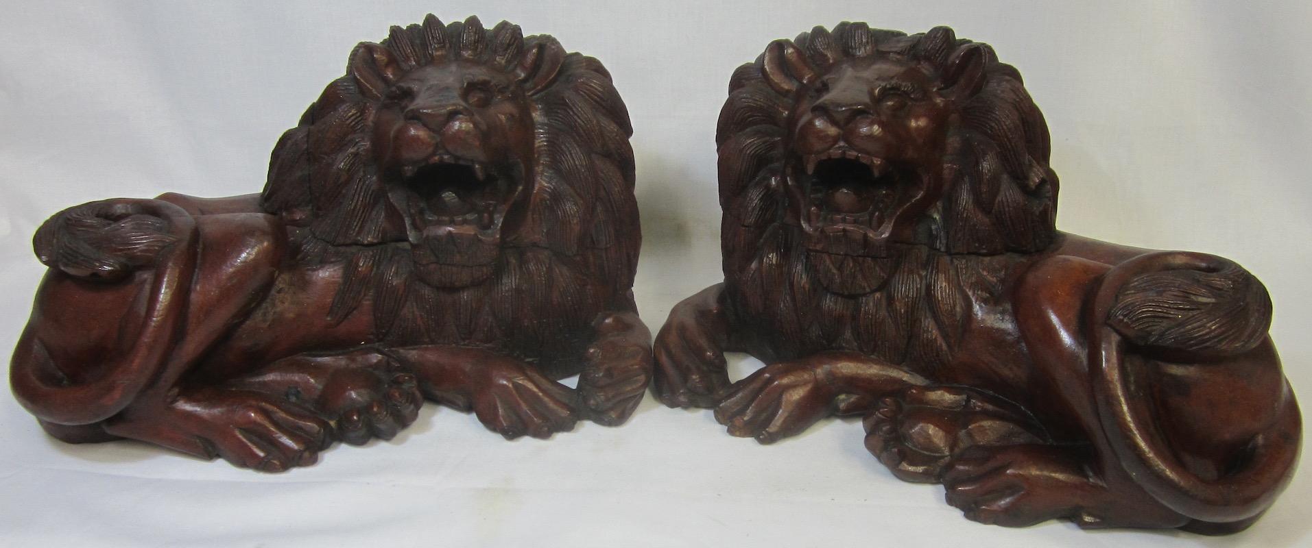 Pair of Carved Hard Wood African Lions For Sale 2
