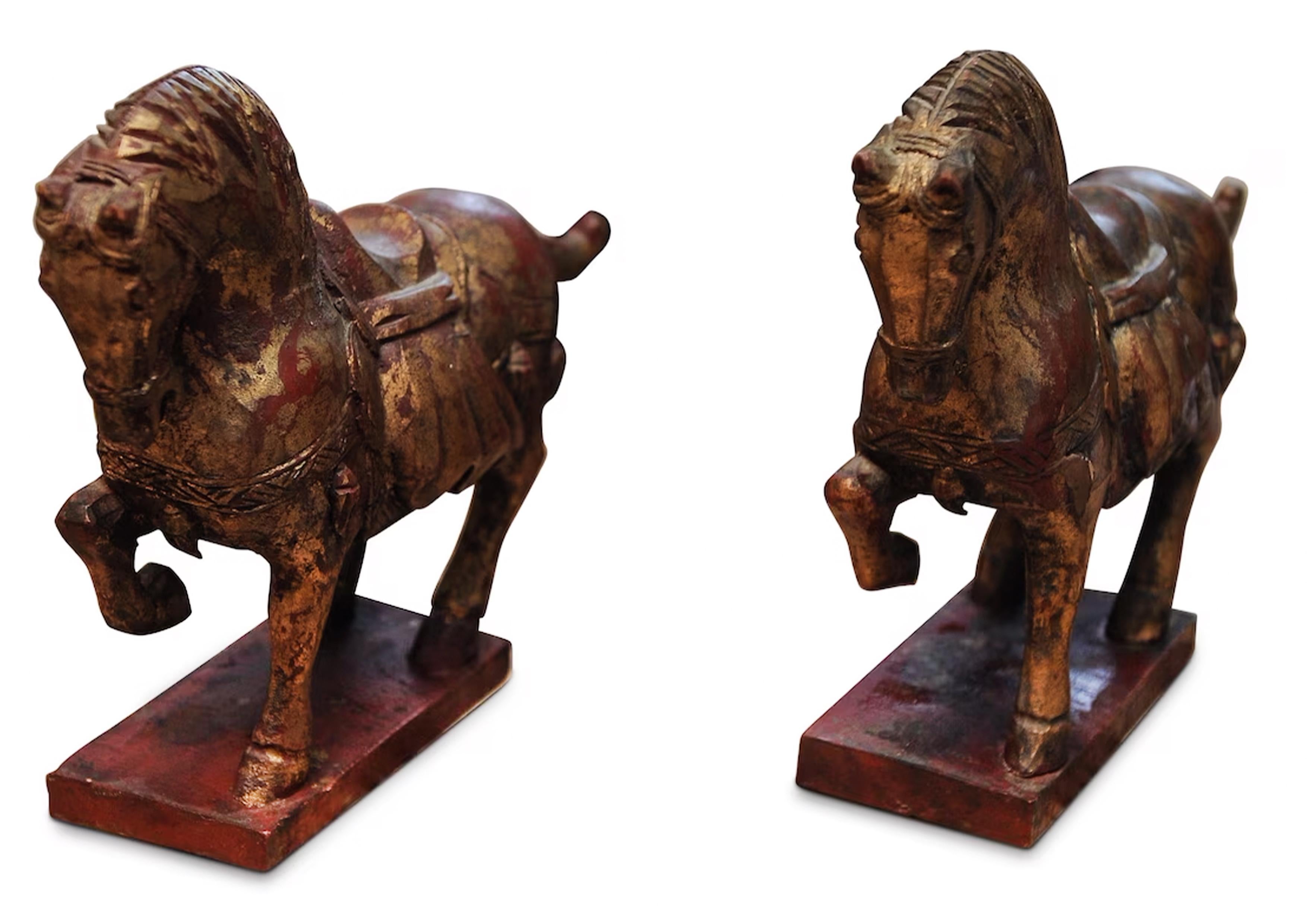 Gilt A Vibrant Pair of Tang Dynasty Style Hand Painted & Hand Carved Chinese Horses For Sale