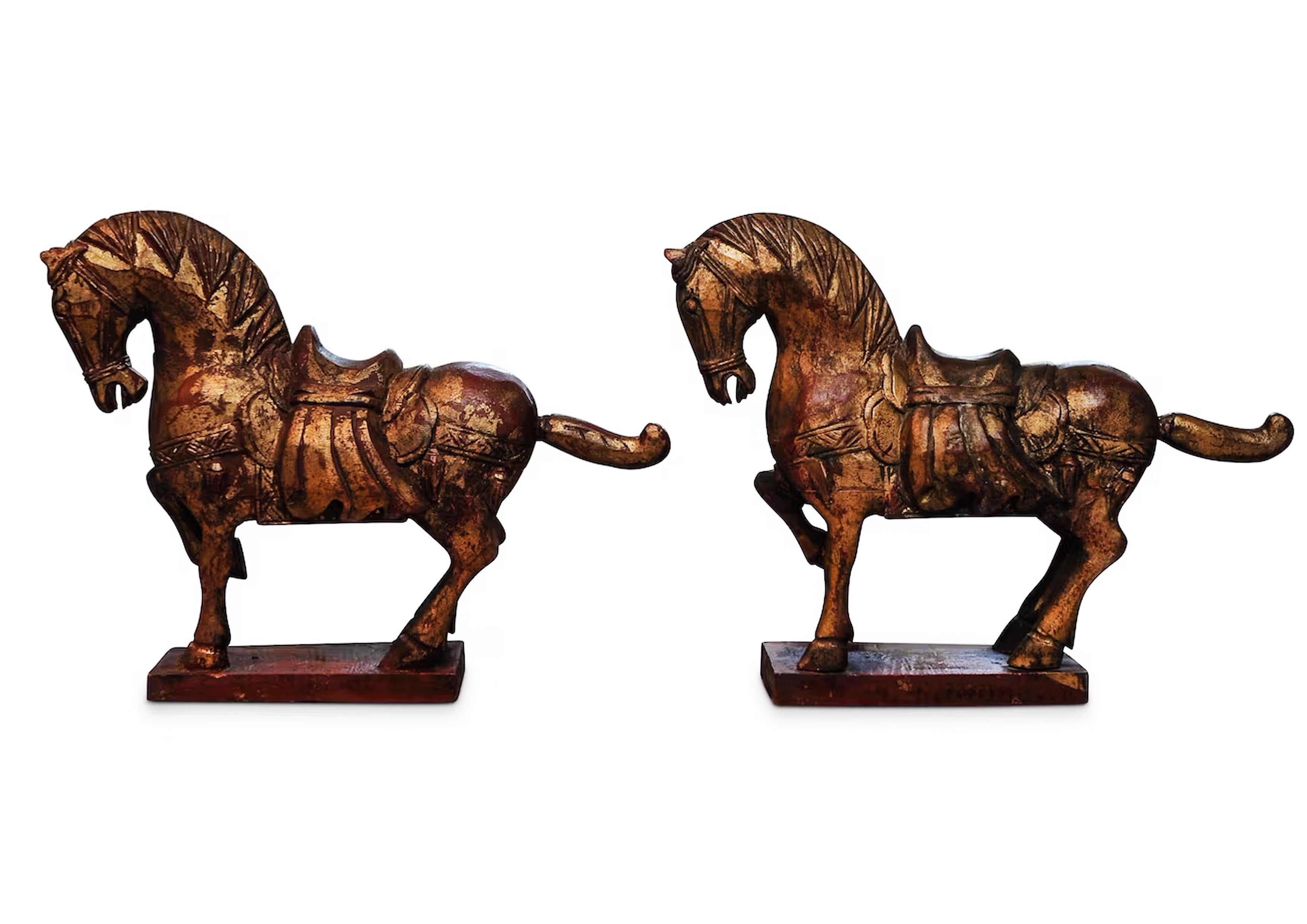 20th Century A Vibrant Pair of Tang Dynasty Style Hand Painted & Hand Carved Chinese Horses For Sale