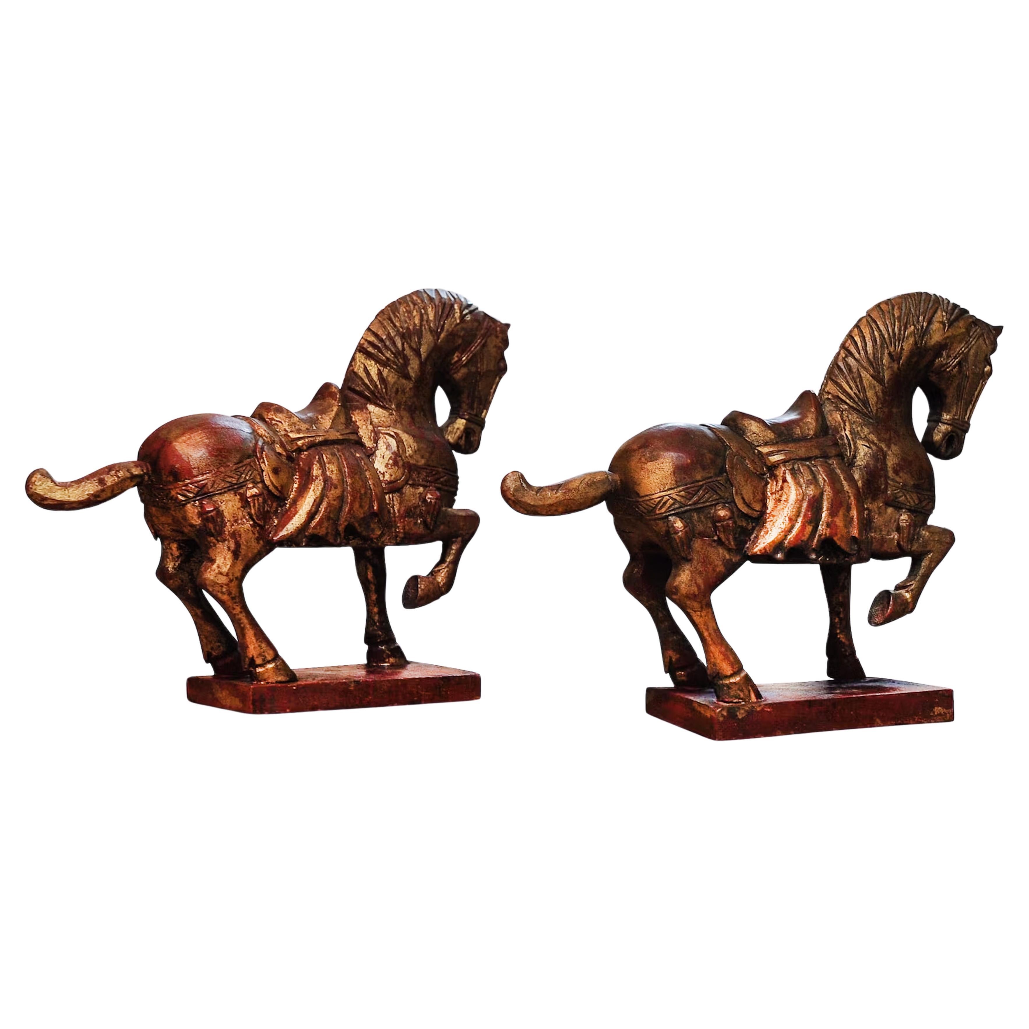 A Vibrant Pair of Tang Dynasty Style Hand Painted & Hand Carved Chinese Horses For Sale
